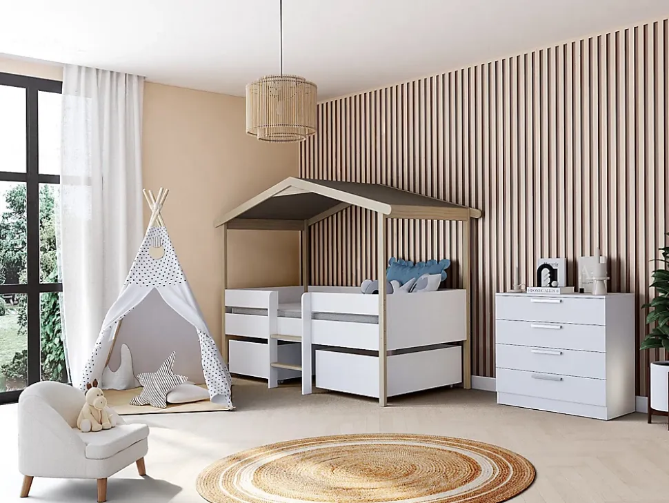 Lit cabane SAROSI avec tiroirs - 90 x 190 cm - Tilleul - Blanc et chêne + matelas