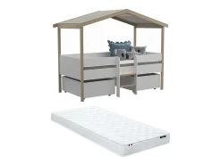 Lit cabane SAROSI avec tiroirs - 90 x 190 cm - Tilleul - Blanc et chêne + matelas