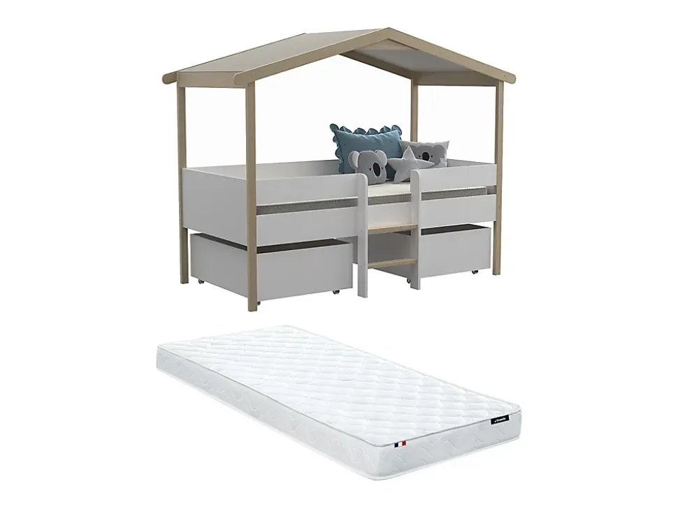Lit cabane SAROSI avec tiroirs - 90 x 190 cm - Tilleul - Blanc et chêne + matelas