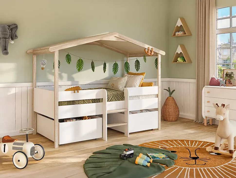 Lit cabane SAROSI avec tiroirs - 90 x 190 cm - Tilleul - Blanc et chêne + matelas