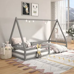 Lit cabane SILA 90 x 200 cm, en pin massif gris