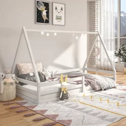 Lit cabane SILA 90 x 190 cm, en pin massif blanc