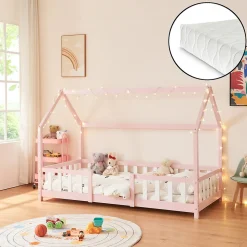 Lit cabane Sisimiut avec matelas 90 x 200 cm rose / blanc en.casa