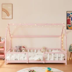 Lit cabane Sisimiut avec matelas 90 x 200 cm rose / blanc en.casa