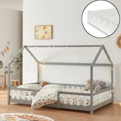 Lit cabane Sisimiut avec matelas 120 x 200 cm gris clair / blanc en.casa