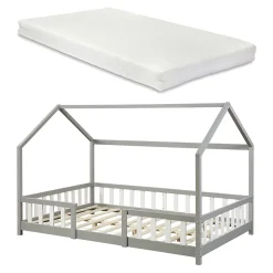 Lit cabane Sisimiut avec matelas 120 x 200 cm gris clair / blanc en.casa