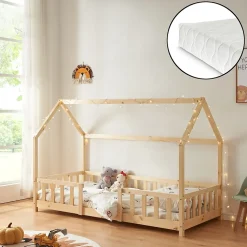 Lit cabane Sisimiut avec matelas 90 x 200 cm naturel en.casa