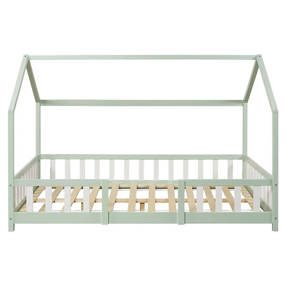 Lit cabane Sisimiut avec matelas 140 x 200 cm vert menthe / blanc en.casa