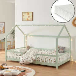 Lit cabane Sisimiut avec matelas 140 x 200 cm vert menthe / blanc en.casa