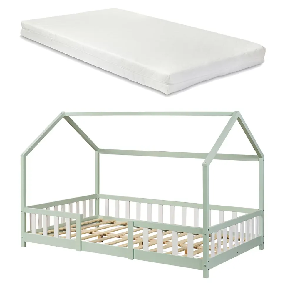 Lit cabane Sisimiut avec matelas 140 x 200 cm vert menthe / blanc en.casa