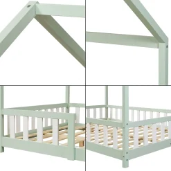 Lit cabane Sisimiut avec matelas 140 x 200 cm vert menthe / blanc en.casa