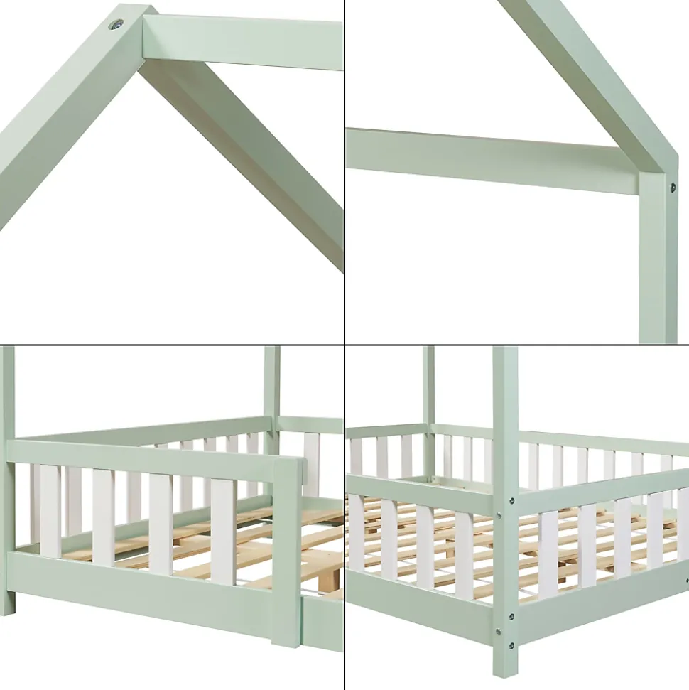 Lit cabane Sisimiut avec matelas 140 x 200 cm vert menthe / blanc en.casa