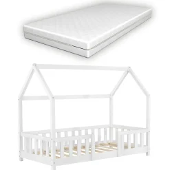 Lit cabane Sisimiut avec matelas 70 x 140 cm blanc en.casa