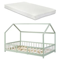 Lit cabane Sisimiut avec matelas 120 x 200 cm vert menthe / blanc en.casa