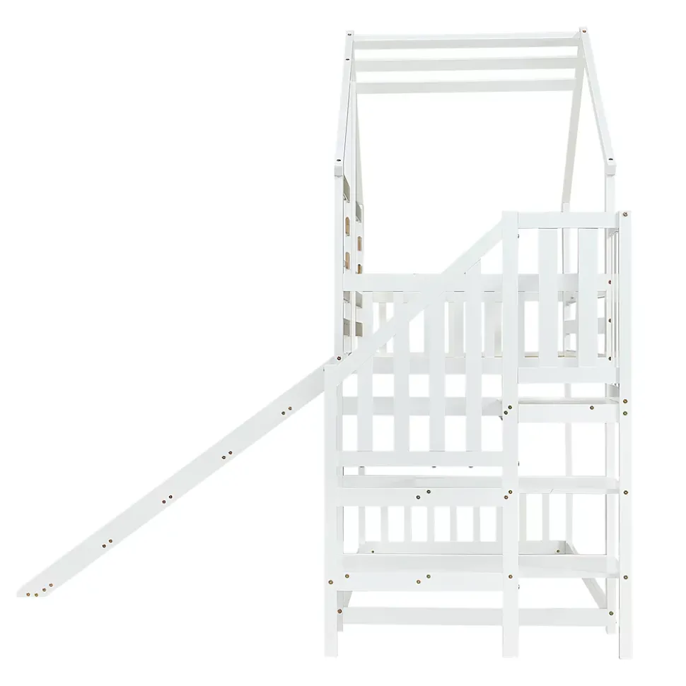 Lit cabane superposé avec toboggan, escalier, fenêtres, garde-corps, bois massif, blanc