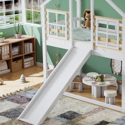 Lit cabane superposé avec toboggan, escalier, fenêtres, garde-corps, bois massif, blanc