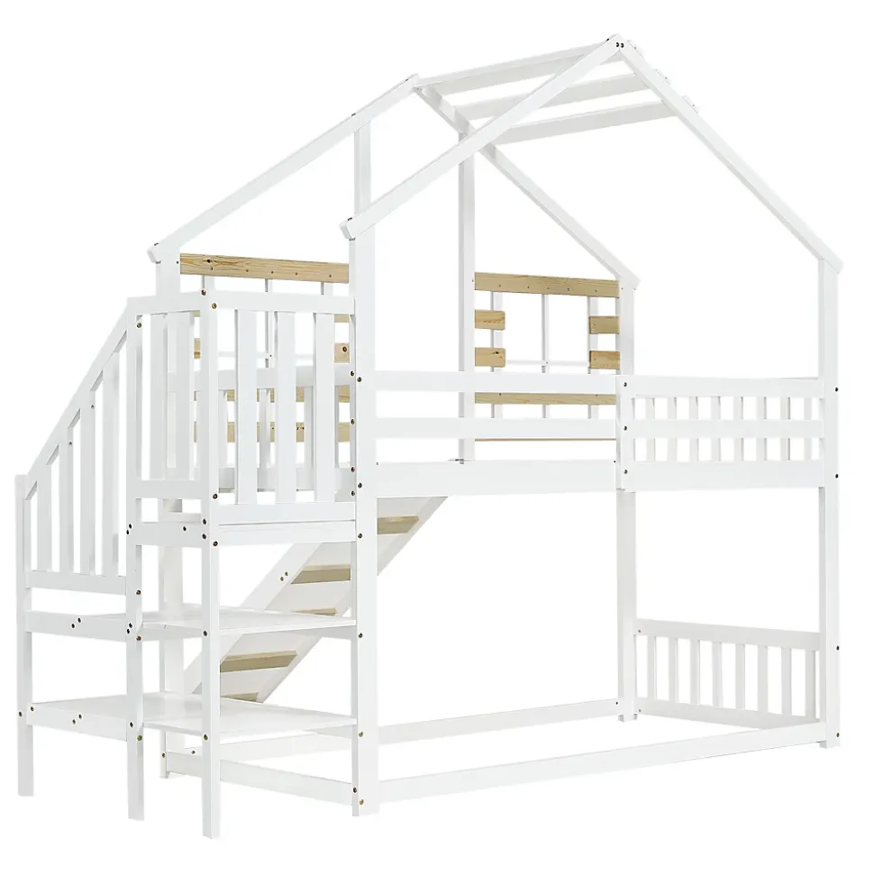 Lit cabane superposé avec toboggan, escalier, fenêtres, garde-corps, bois massif, blanc