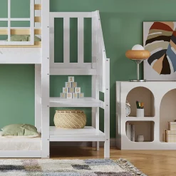 Lit cabane superposé avec toboggan, escalier, fenêtres, garde-corps, bois massif, blanc