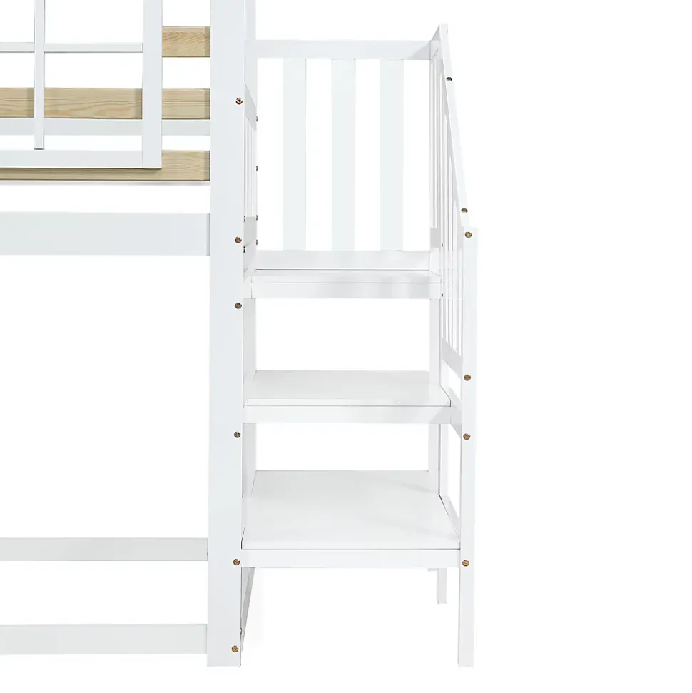 Lit cabane superposé avec toboggan, escalier, fenêtres, garde-corps, bois massif, blanc