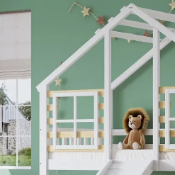 Lit cabane superposé avec toboggan, escalier, fenêtres, garde-corps, bois massif, blanc