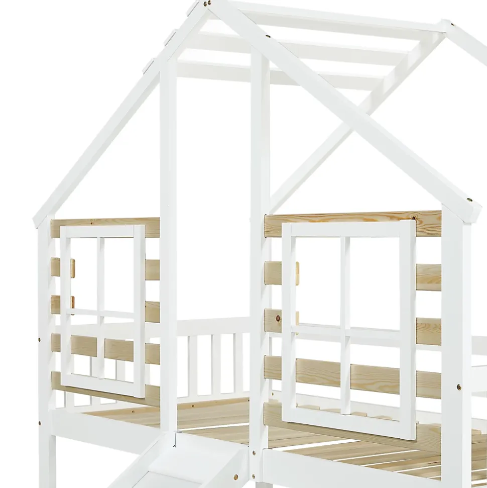 Lit cabane superposé avec toboggan, escalier, fenêtres, garde-corps, bois massif, blanc