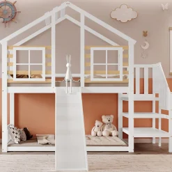 Lit cabane superposé avec toboggan, escalier, fenêtres, garde-corps, bois massif, blanc