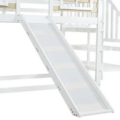 Lit cabane superposé avec toboggan, escalier, fenêtres, garde-corps, bois massif, blanc