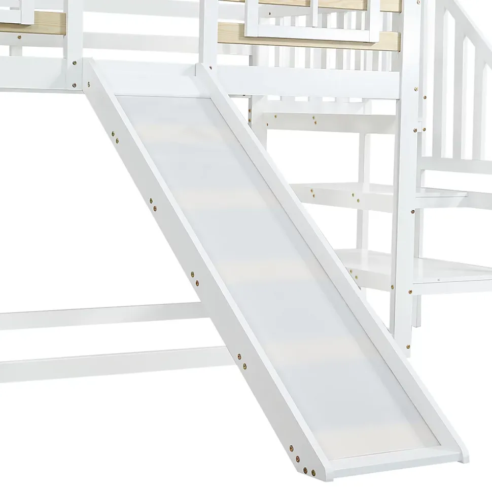 Lit cabane superposé avec toboggan, escalier, fenêtres, garde-corps, bois massif, blanc