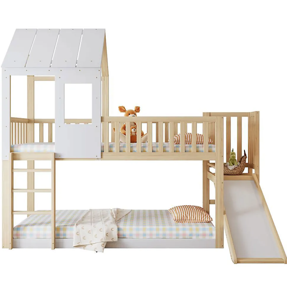 Lit Cabane Superposé 90x200cm Échelle Toboggan Naturel Blanc Blackcolors