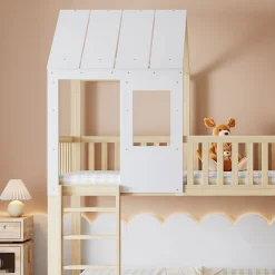 Lit Cabane Superposé 90x200cm Échelle Toboggan Naturel Blanc Blackcolors