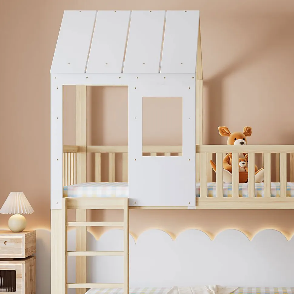 Lit Cabane Superposé 90x200cm Échelle Toboggan Naturel Blanc Blackcolors