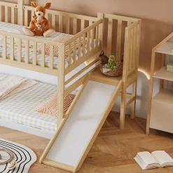 Lit Cabane Superposé 90x200cm Échelle Toboggan Naturel Blanc Blackcolors