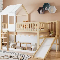 Lit Cabane Superposé 90x200cm Échelle Toboggan Naturel Blanc Blackcolors