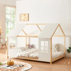 Lit cabane Tostedt pour enfant forme maison bois de pin 140 x 200 cm naturel blanc en.casa