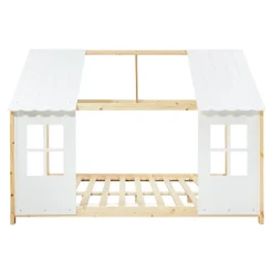 Lit cabane Tostedt pour enfant forme maison bois de pin 140 x 200 cm naturel blanc en.casa