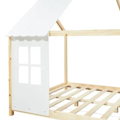Lit cabane Tostedt pour enfant forme maison bois de pin 140 x 200 cm naturel blanc en.casa