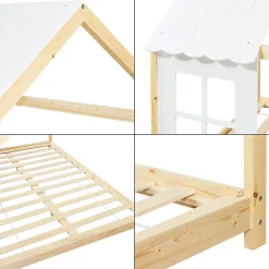 Lit cabane Tostedt pour enfant forme maison bois de pin 140 x 200 cm naturel blanc en.casa