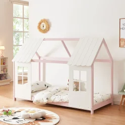 Lit cabane Tostedt pour enfant forme maison bois de pin 90 x 200 cm rose blanc en.casa