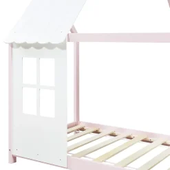 Lit cabane Tostedt pour enfant forme maison bois de pin 90 x 200 cm rose blanc en.casa