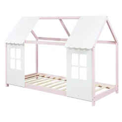 Lit cabane Tostedt pour enfant forme maison bois de pin 90 x 200 cm rose blanc en.casa