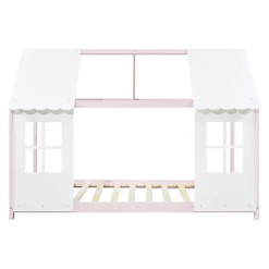 Lit cabane Tostedt pour enfant forme maison bois de pin 90 x 200 cm rose blanc en.casa