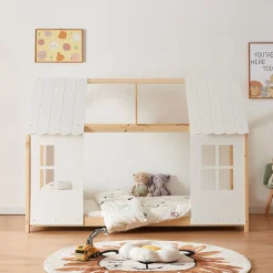 Lit cabane Tostedt pour enfant forme maison bois de pin 90 x 200 cm naturel blanc en.casa