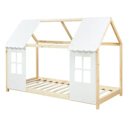 Lit cabane Tostedt pour enfant forme maison bois de pin 90 x 200 cm naturel blanc en.casa