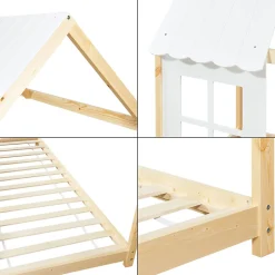 Lit cabane Tostedt pour enfant forme maison bois de pin 90 x 200 cm naturel blanc en.casa