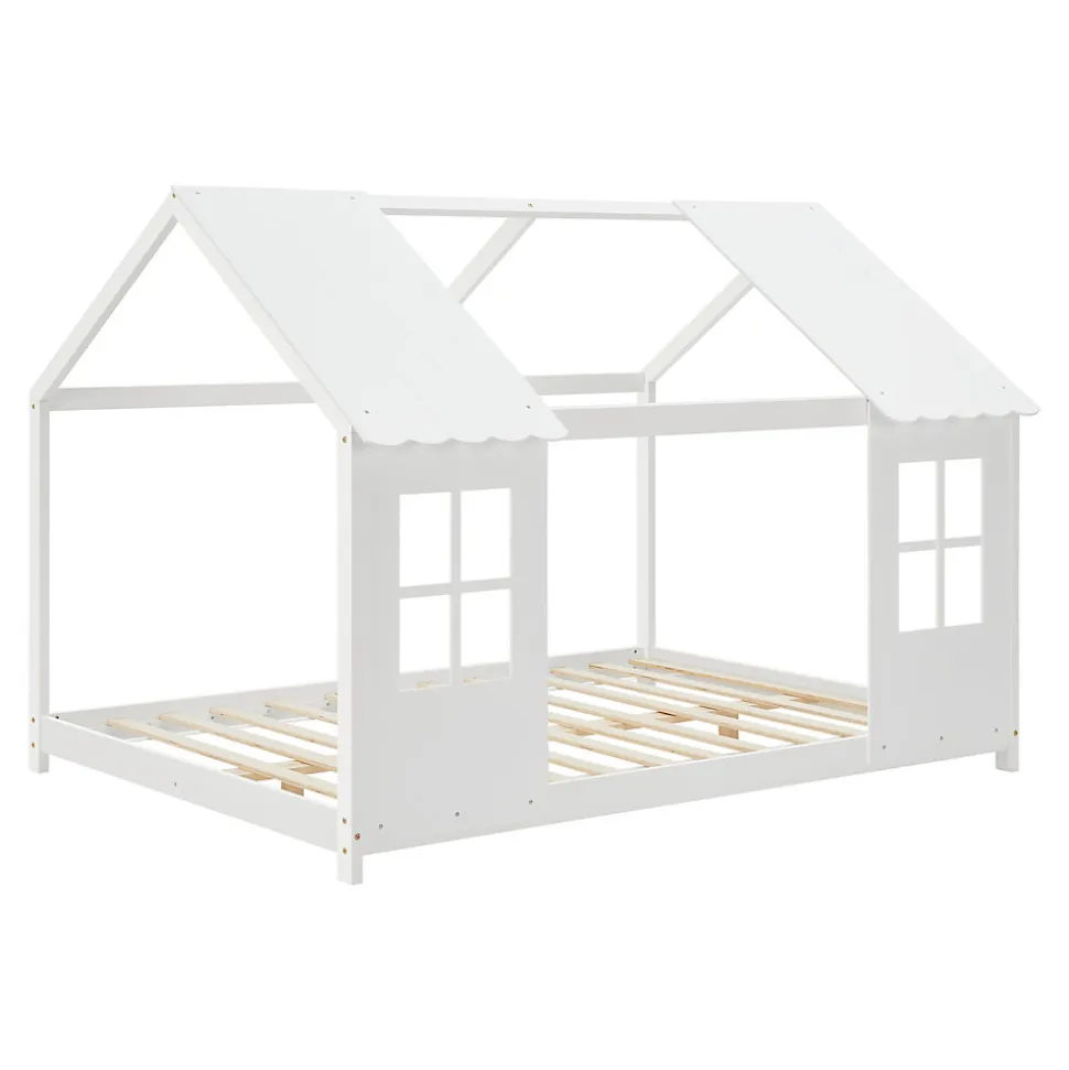 Lit cabane Tostedt pour enfant forme maison bois de pin 140 x 200 cm blanc en.casa
