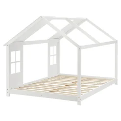 Lit cabane Tostedt pour enfant forme maison bois de pin 140 x 200 cm blanc en.casa