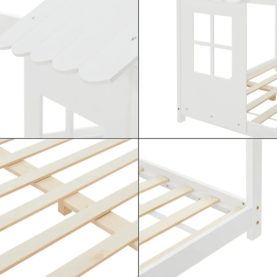 Lit cabane Tostedt pour enfant forme maison bois de pin 140 x 200 cm blanc en.casa
