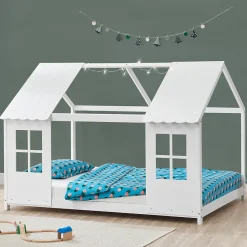 Lit cabane Tostedt pour enfant forme maison bois de pin 120 x 200 cm blanc en.casa