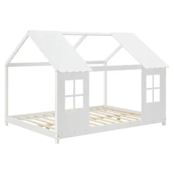 Lit cabane Tostedt pour enfant forme maison bois de pin 120 x 200 cm blanc en.casa