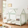 Lit cabane Tostedt pour enfant forme maison bois de pin 90 x 200 cm vert menthe blanc en.casa